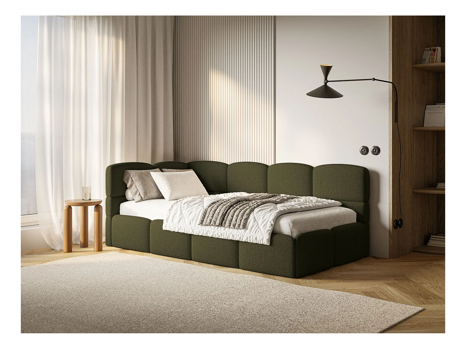 Lit ado avec coffre et barrières - olive foncé - côté gauche - CLOUDY