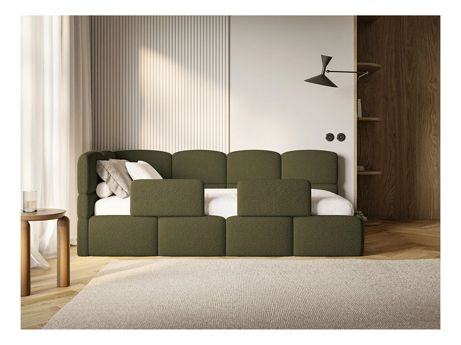 Jugendbett 90x200 - links - mit Rausfallschutz - Bouclé Olivgrün - CLOUDY