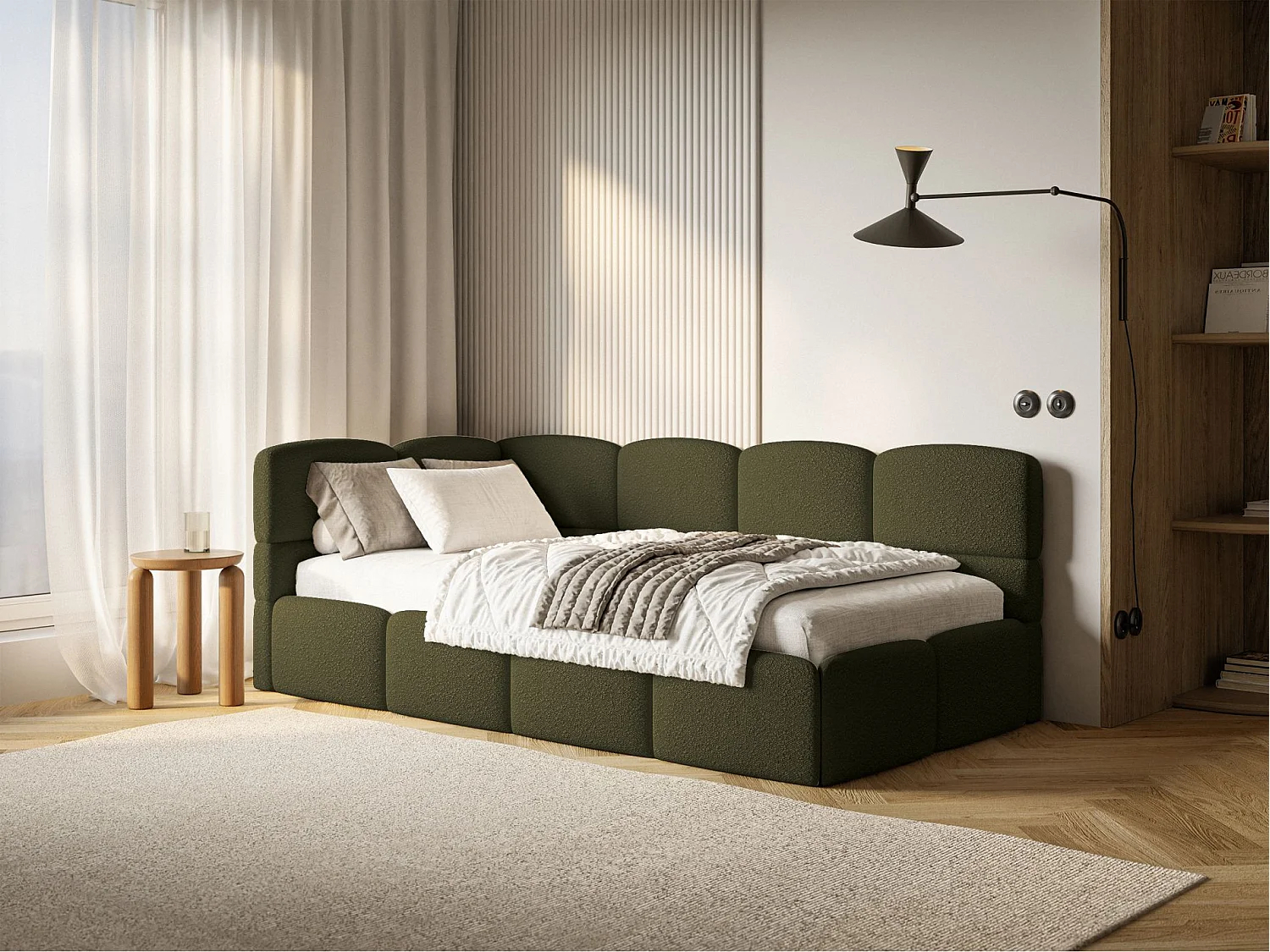 Lit ado avec coffre et barrières - olive foncé - côté gauche - CLOUDY