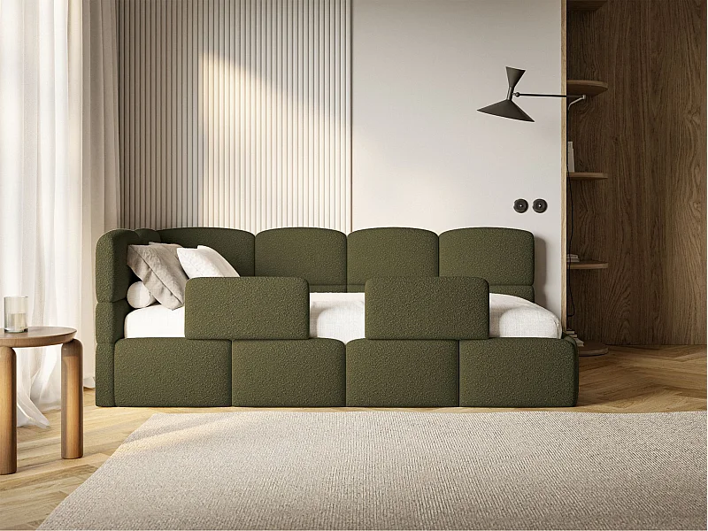 Jugendbett 90x200 - links - mit Rausfallschutz - Bouclé Olivgrün - CLOUDY