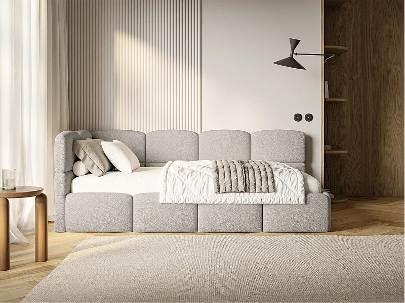 Jugendbett 90x200 - links - mit Matratze - Bouclé Greige - CLOUDY
