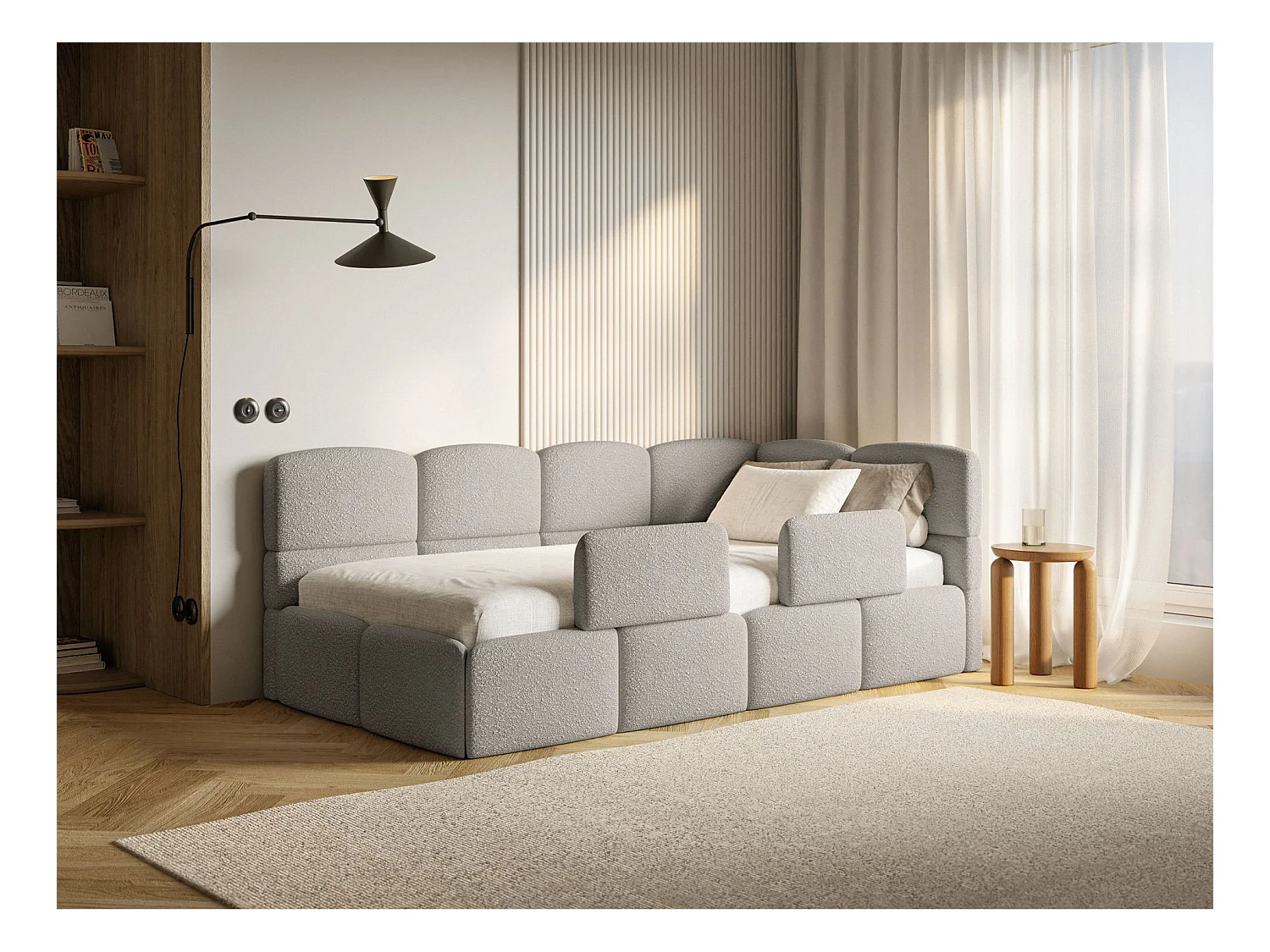 Jugendbett 90x200 - rechts - mit Rausfallschutz - Bouclé Greige - CLOUDY