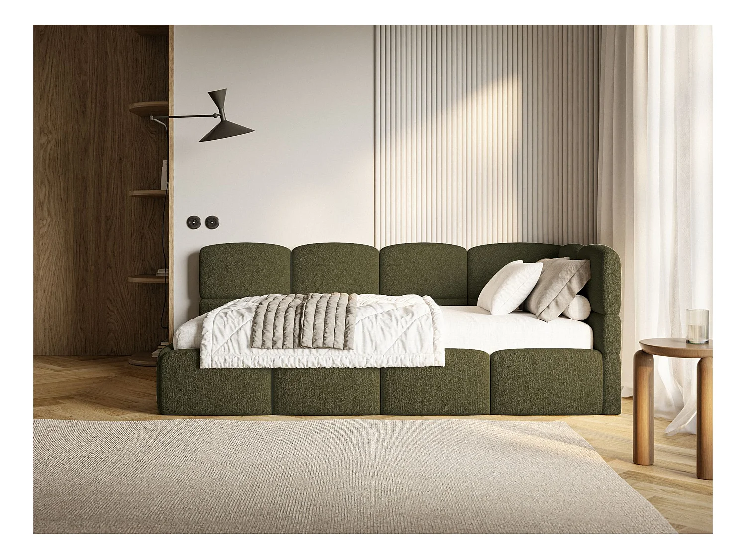 Jugendbett 90x200 - rechts - mit Matratze - Bouclé Olivgrün - CLOUDY