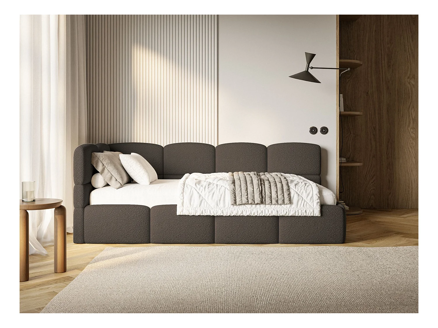 Jugendbett 90x200 - links - mit Matratze - Bouclé Braun - CLOUDY