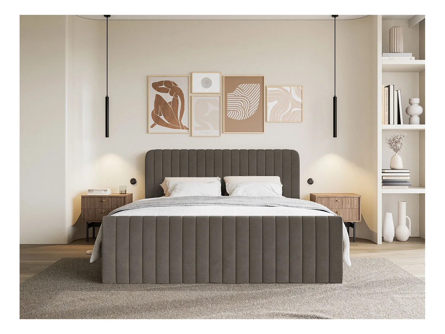 Lit continental avec surmatelas - 160x200 cm - velours brun - SALIANO