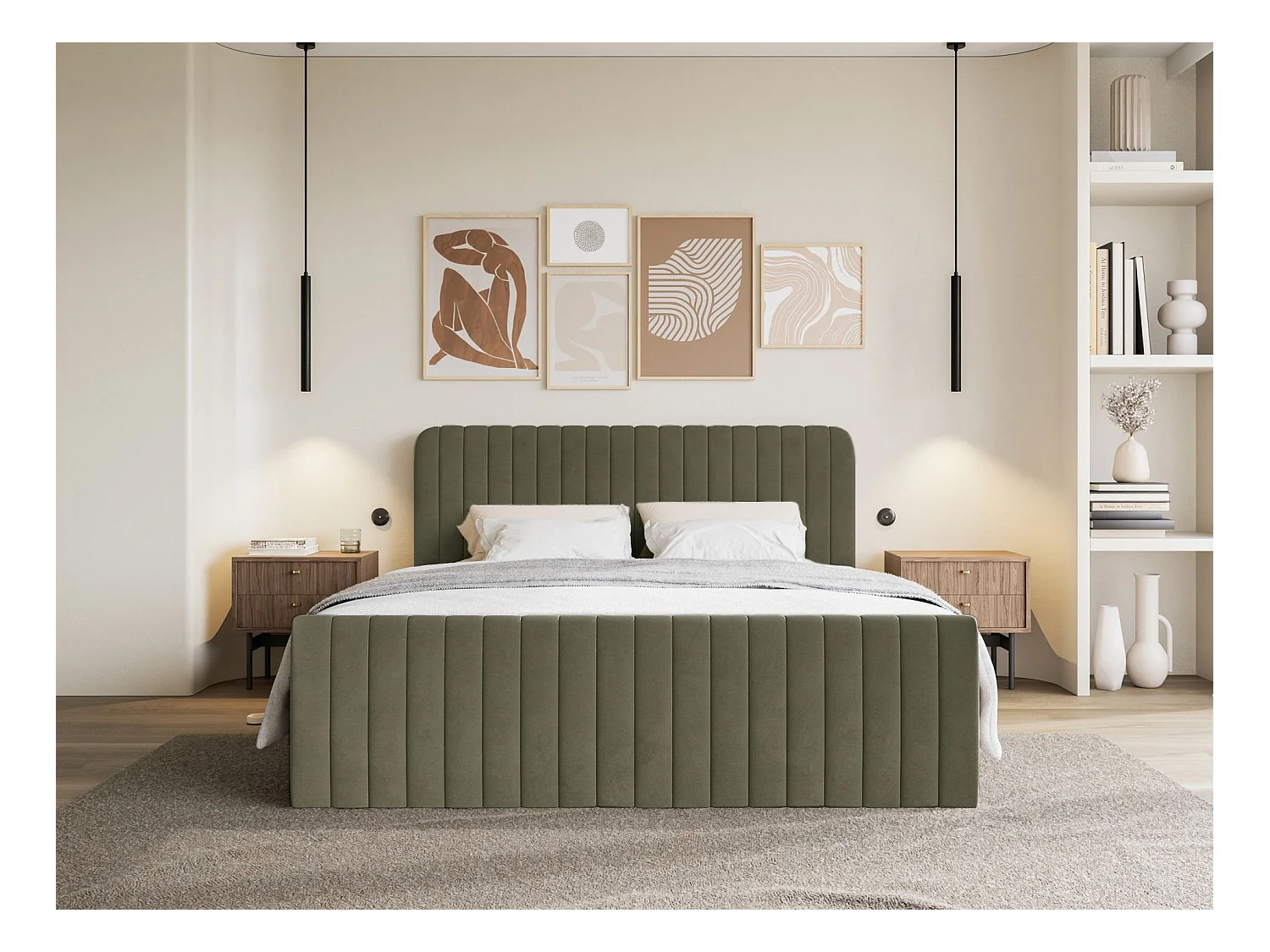 Lit continental avec surmatelas - 160x200 cm - velours olive foncé - SALIANO