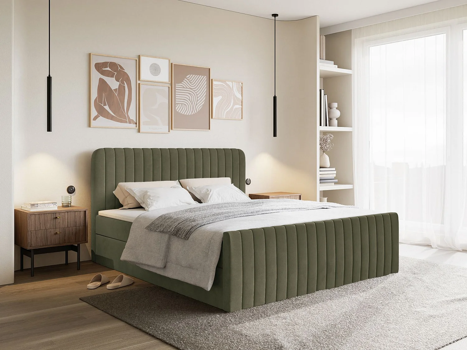 Boxspringbett 160x200 mit Bettkasten - Topper und Samtbezug - Olivgrün - SALIANO