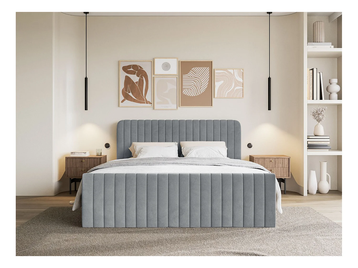 Lit continental avec surmatelas - 160x200 cm - velours gris - SALIANO