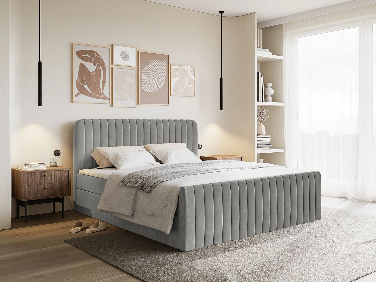 Lit continental avec surmatelas - 160x200 cm - velours gris - SALIANO