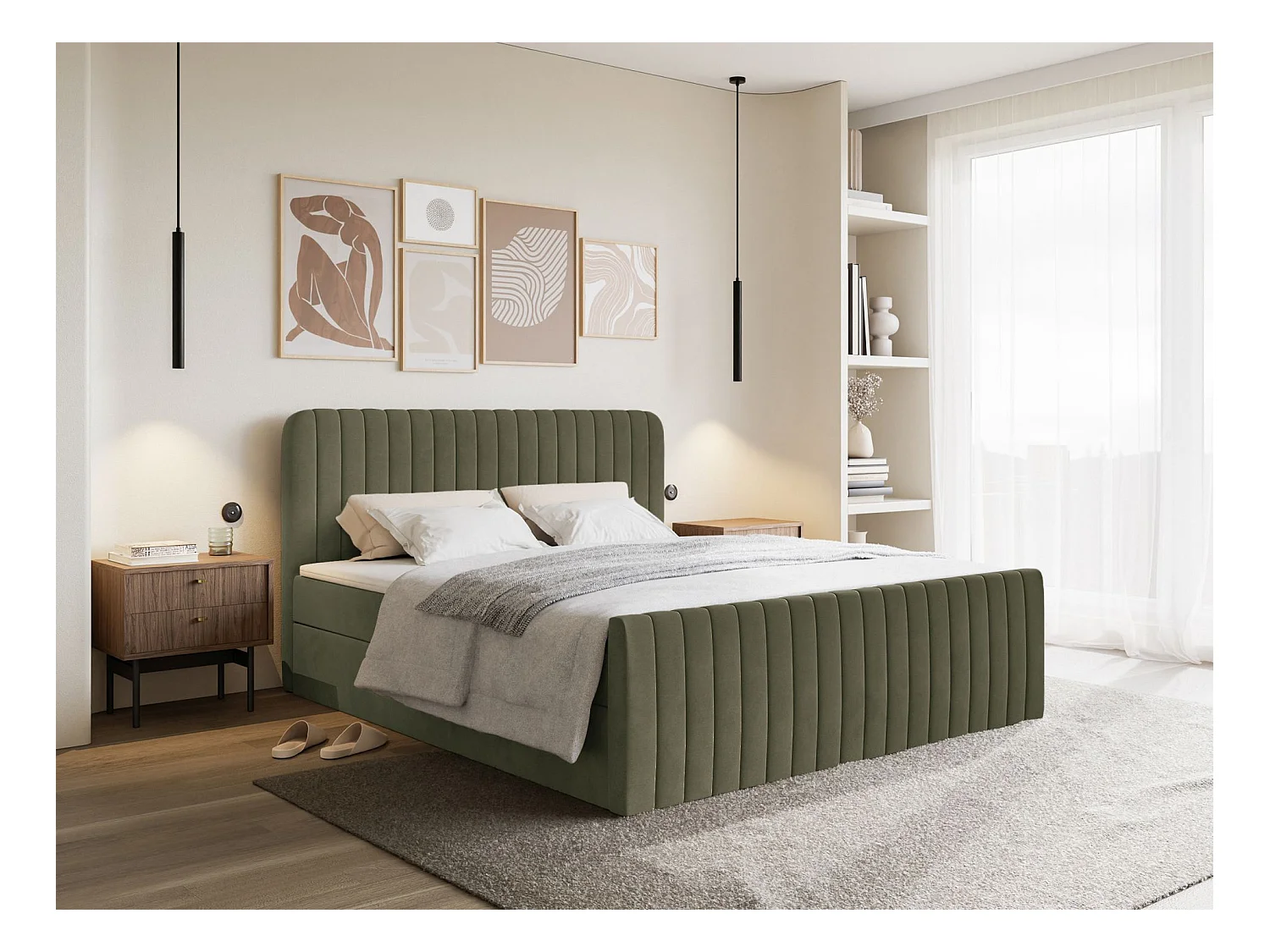 Lit continental avec surmatelas - 140x200 cm - velours olive foncé - SALIANO