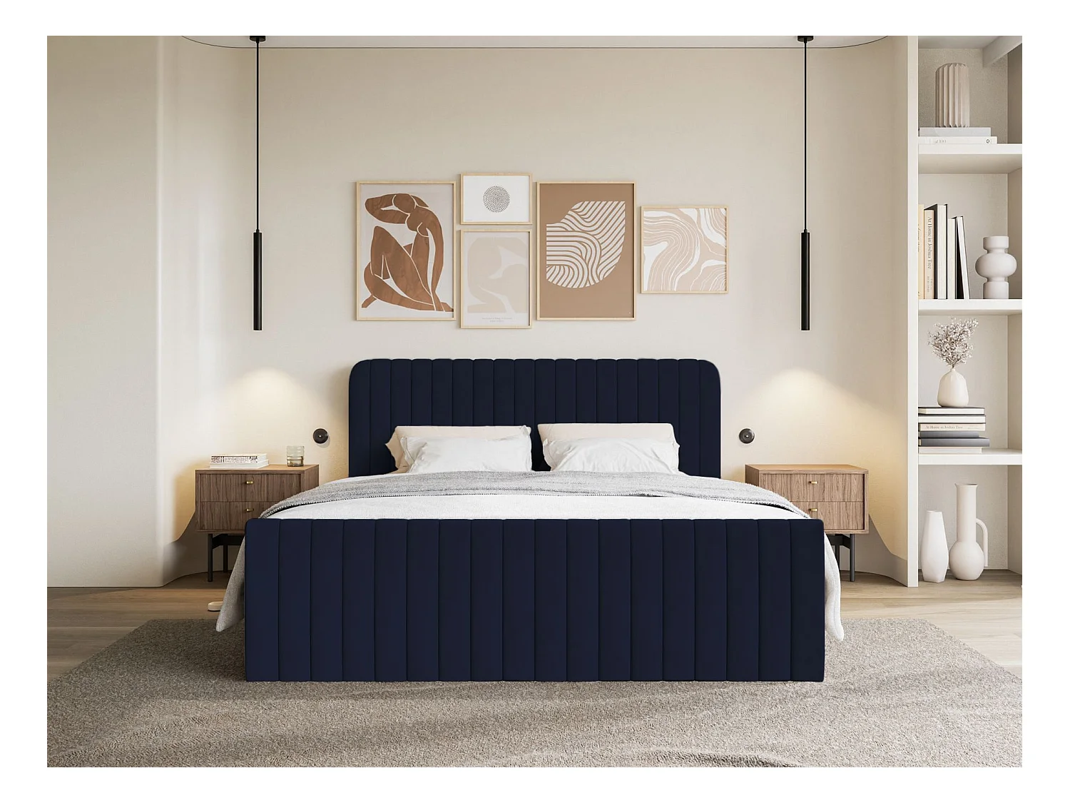 Lit continental avec surmatelas - 160x200 cm - velours marine - SALIANO