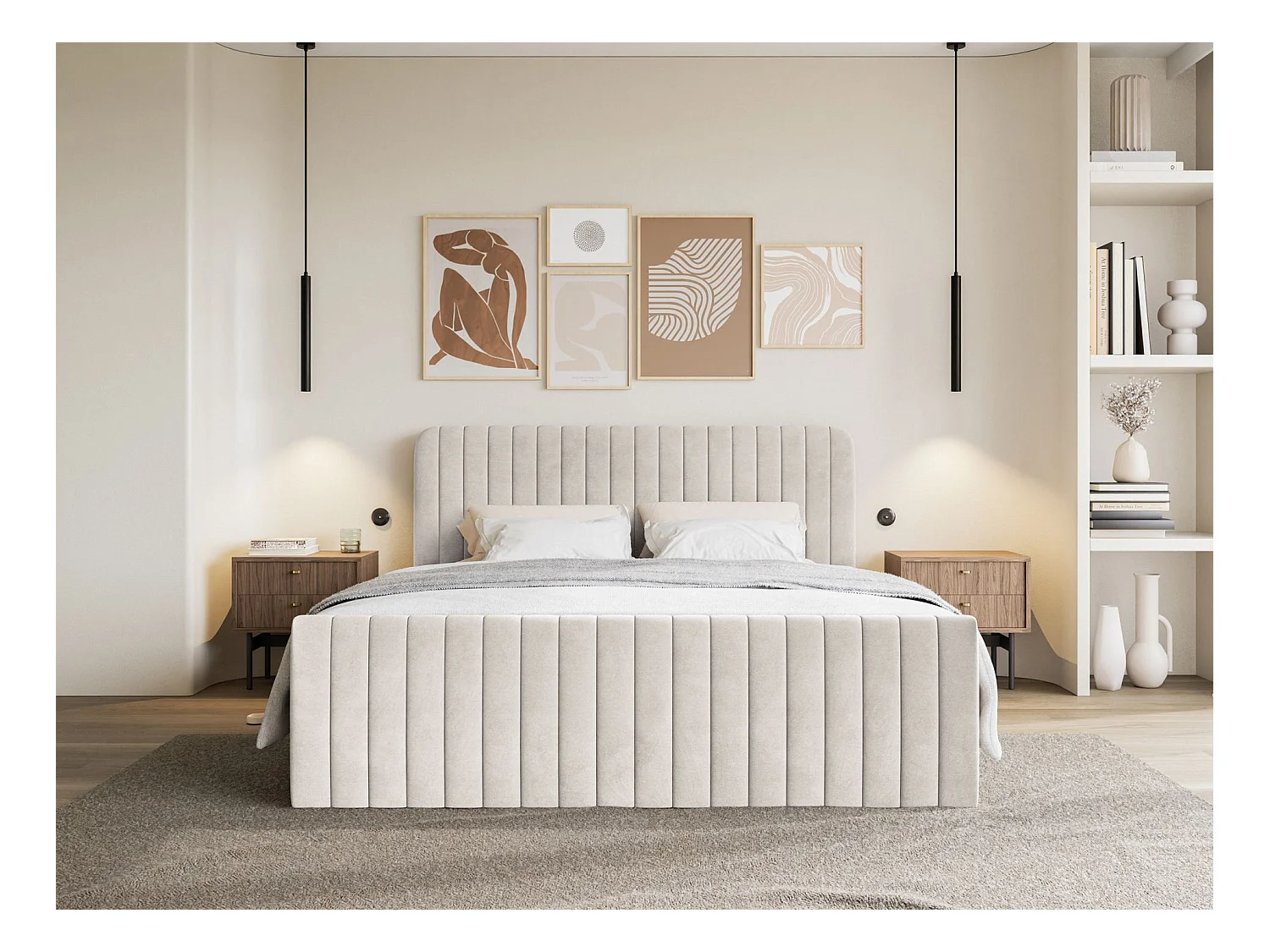 Lit continental avec surmatelas - 160x200 cm - velours beige - SALIANO