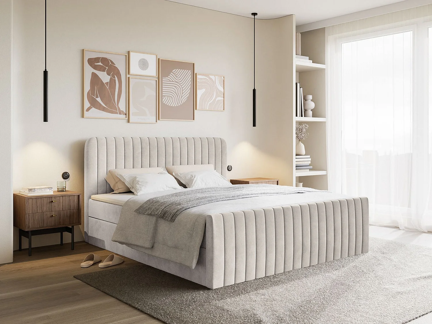 Continentaal bed met matrastopper - 160x200 cm - beige fluweel - SALIANO