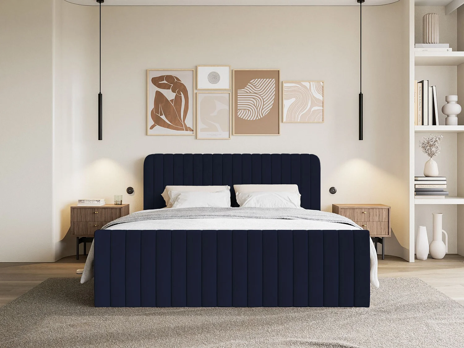 Lit continental avec surmatelas - 140x200 cm - velours marine - SALIANO