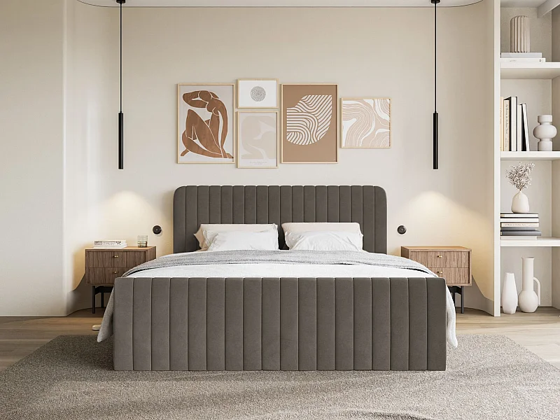 Lit continental avec surmatelas - 180x200 cm - velours brun - SALIANO
