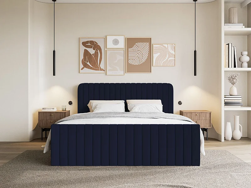 Lit continental avec surmatelas - 180x200 cm - velours marine - SALIANO