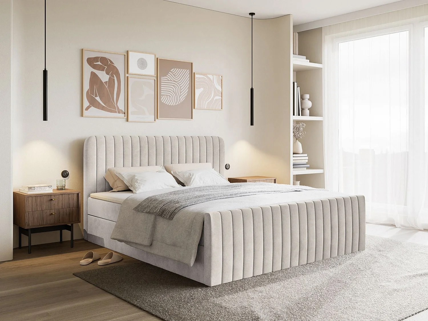 Continentaal bed met matrastopper - 140x200 cm - beige fluweel - SALIANO