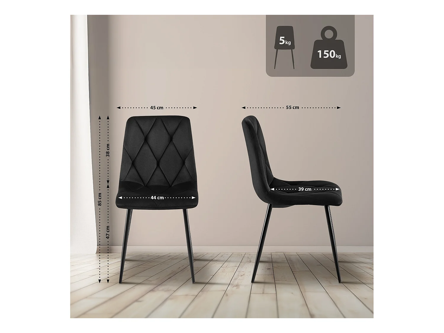 Lot de 2  chaise salle à manger - Velours - Noir - Clairton