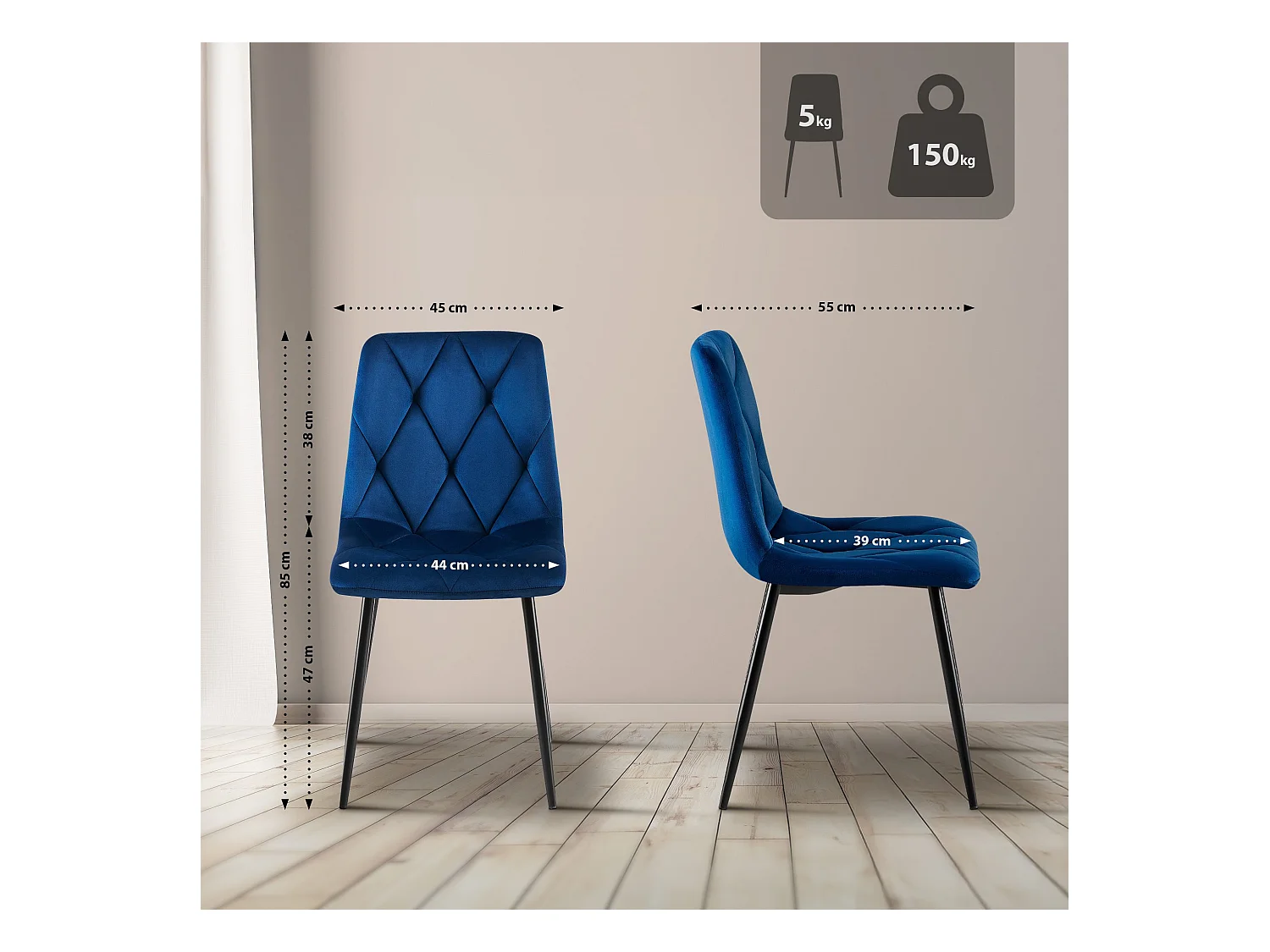 Lot de 2  chaise salle à manger - Velours - Bleu foncé - Clairton