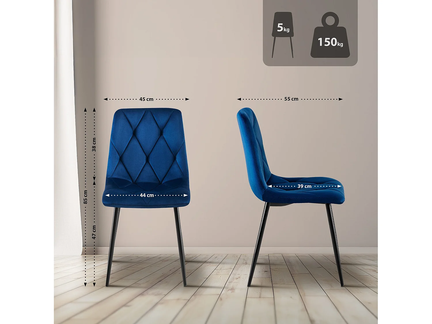 Lot de 2  chaise salle à manger - Velours - Bleu foncé - Clairton