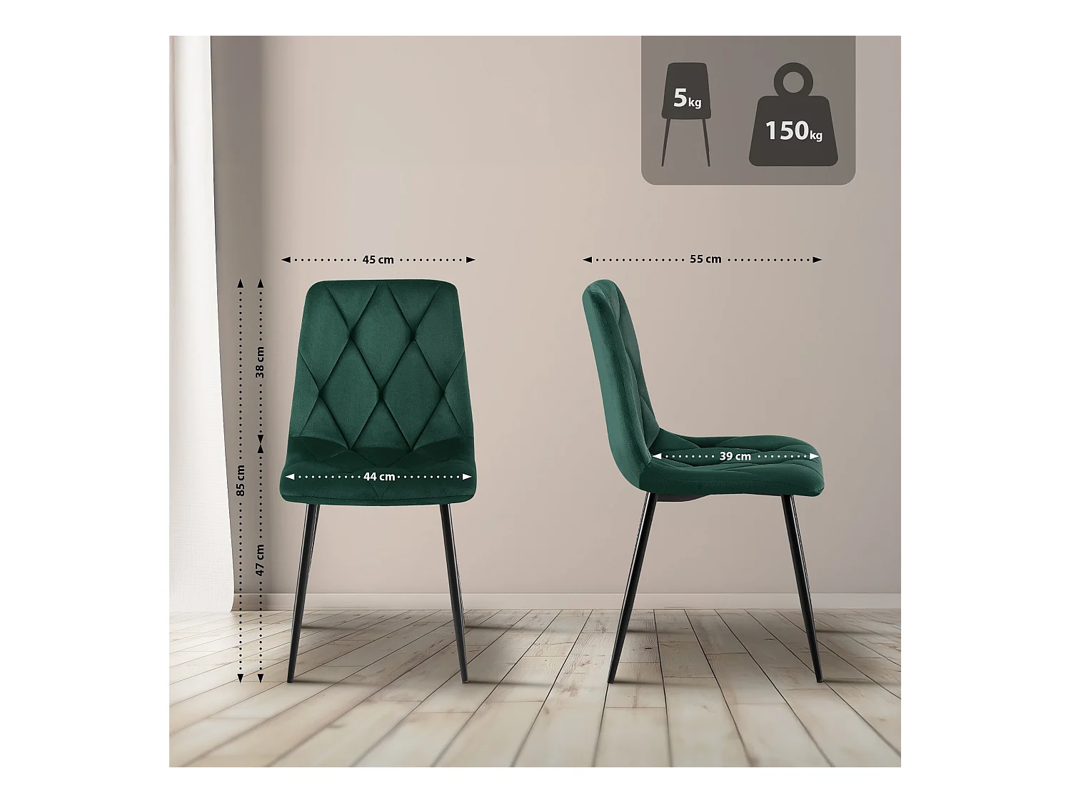 Lot de 2  chaise salle à manger - Velours - Vert - Clairton