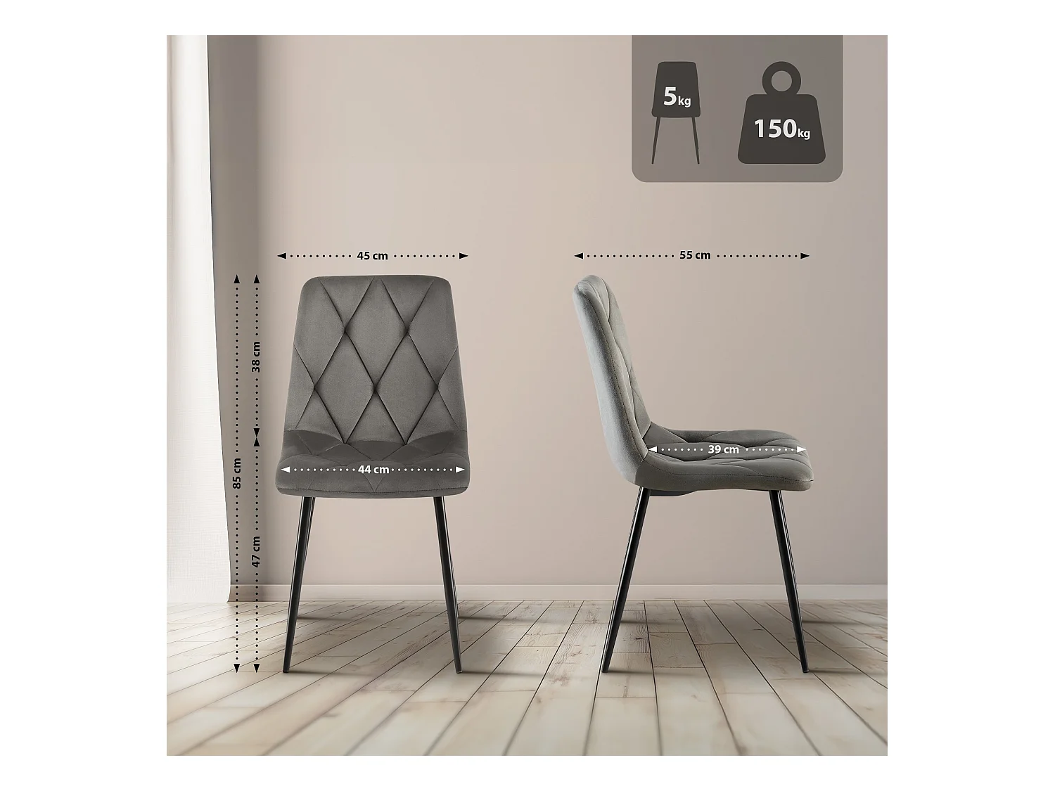 Lot de 2  chaise salle à manger - Velours - Anthracite - Clairton