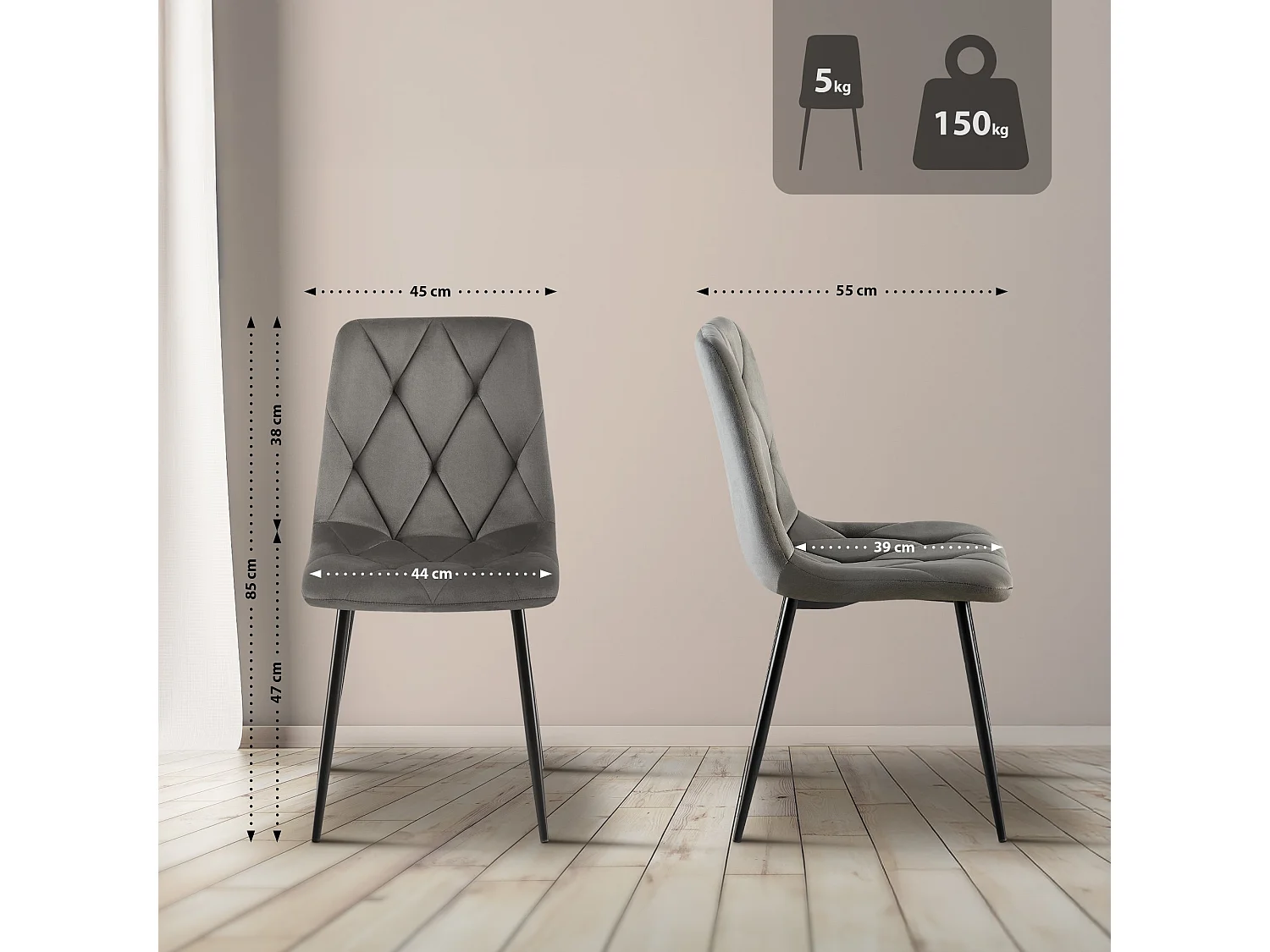 Lot de 2  chaise salle à manger - Velours - Anthracite - Clairton