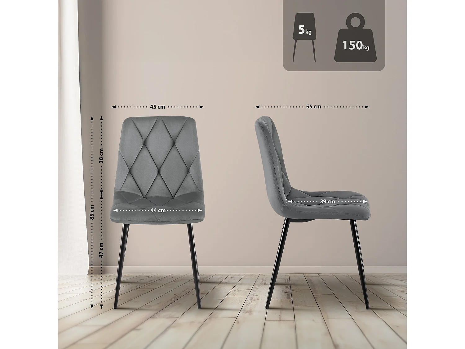 Lot de 2  chaise salle à manger - Velours - Gris foncé - Clairton