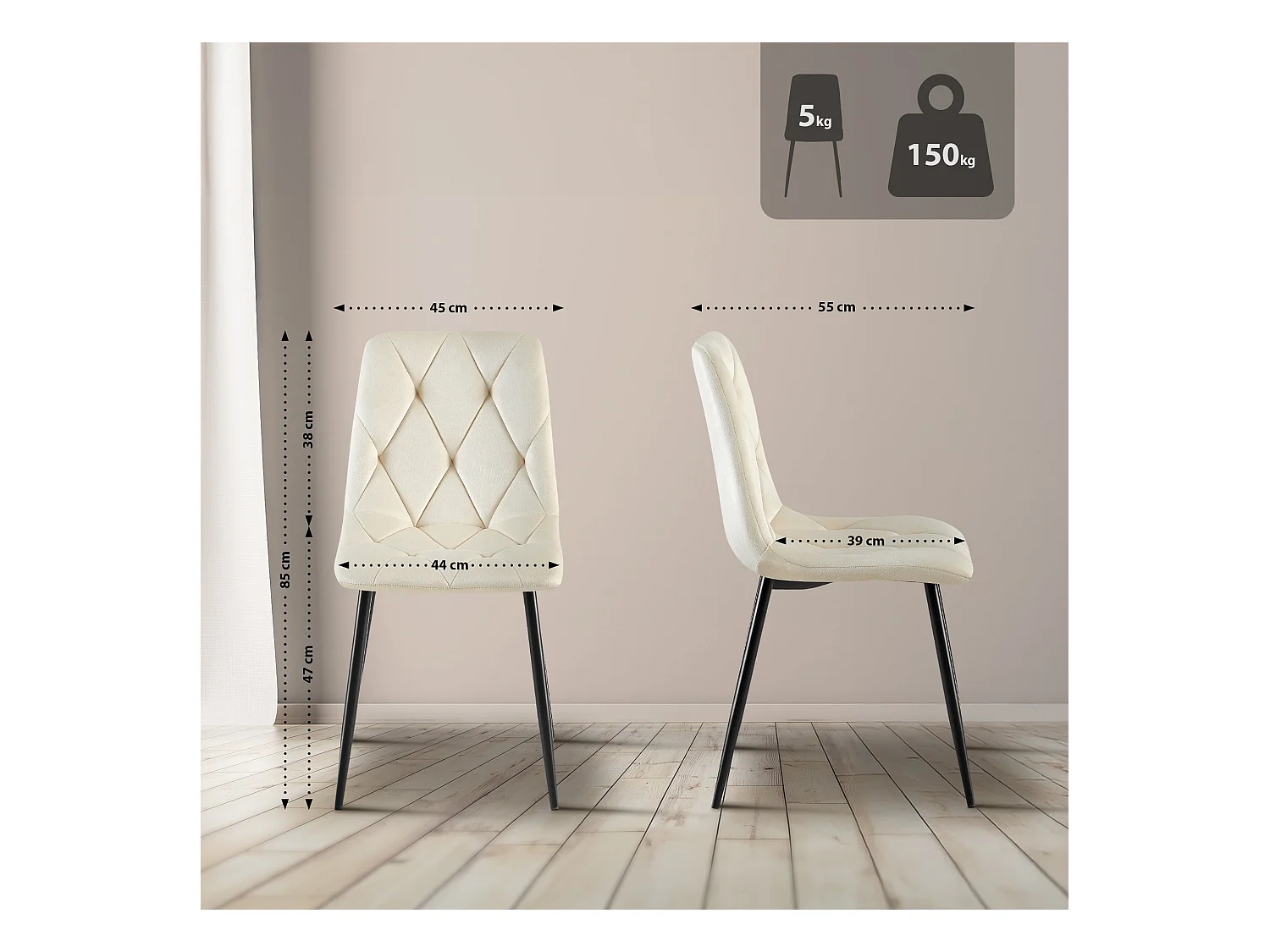 Lot de 2  chaise salle à manger - Velours - Crème - Clairton