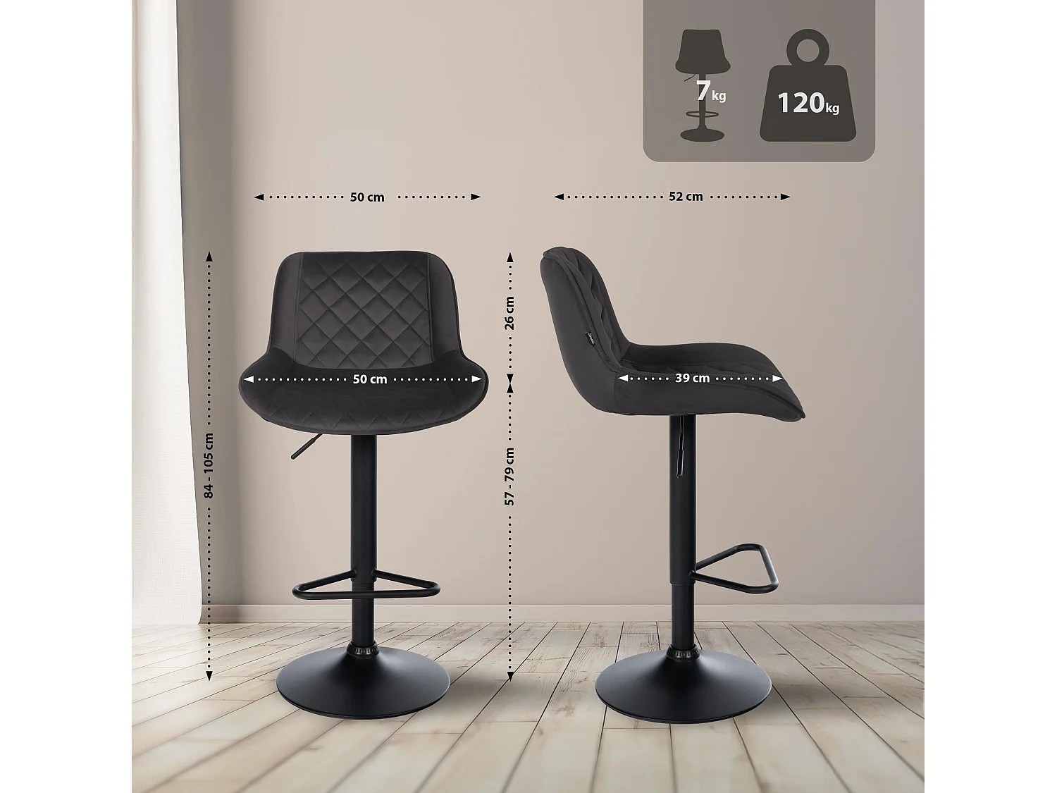 Tabouret de bar - Velours - Noir - Kasson