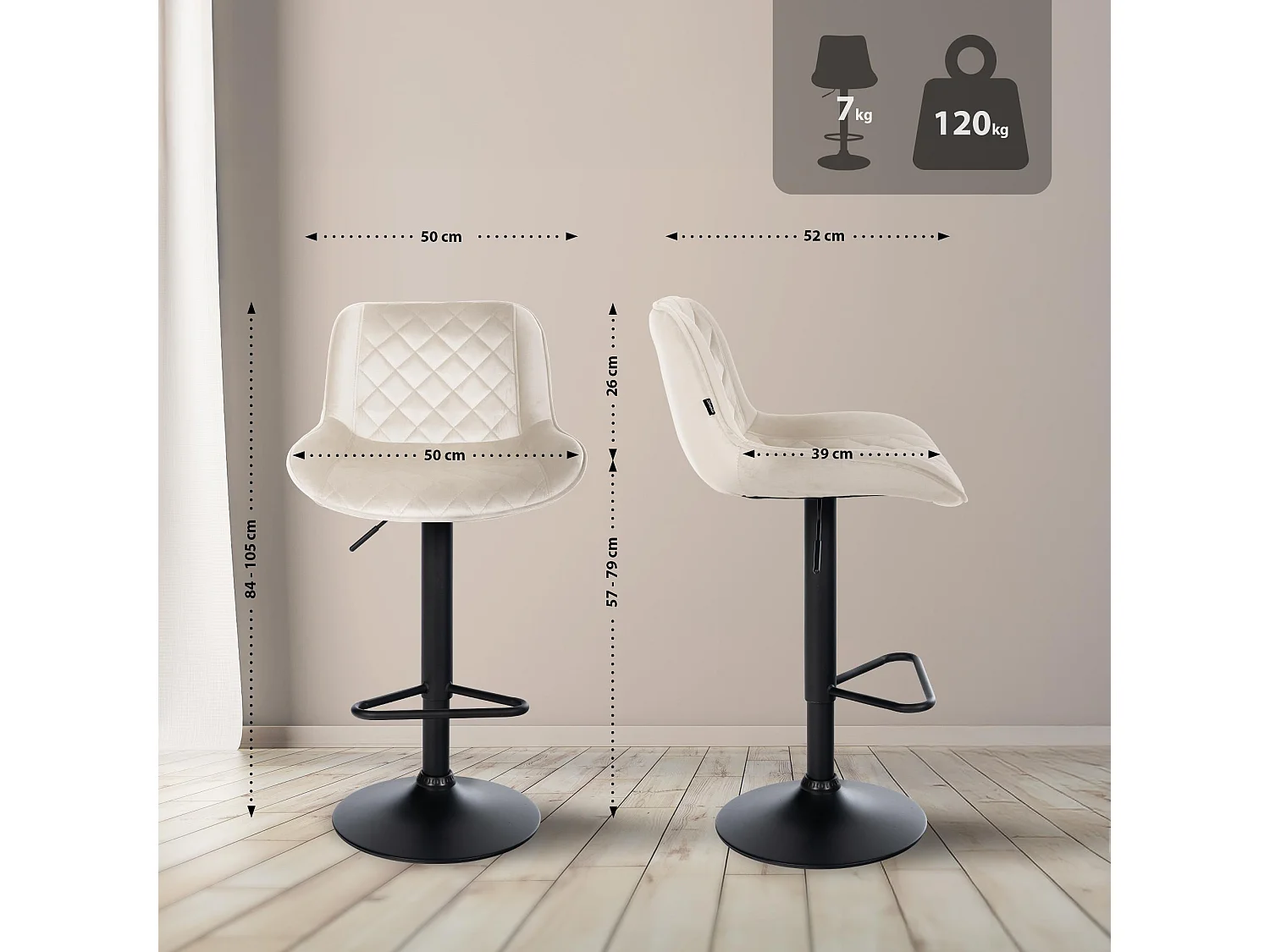 Tabouret de bar - Velours - Crème - Kasson