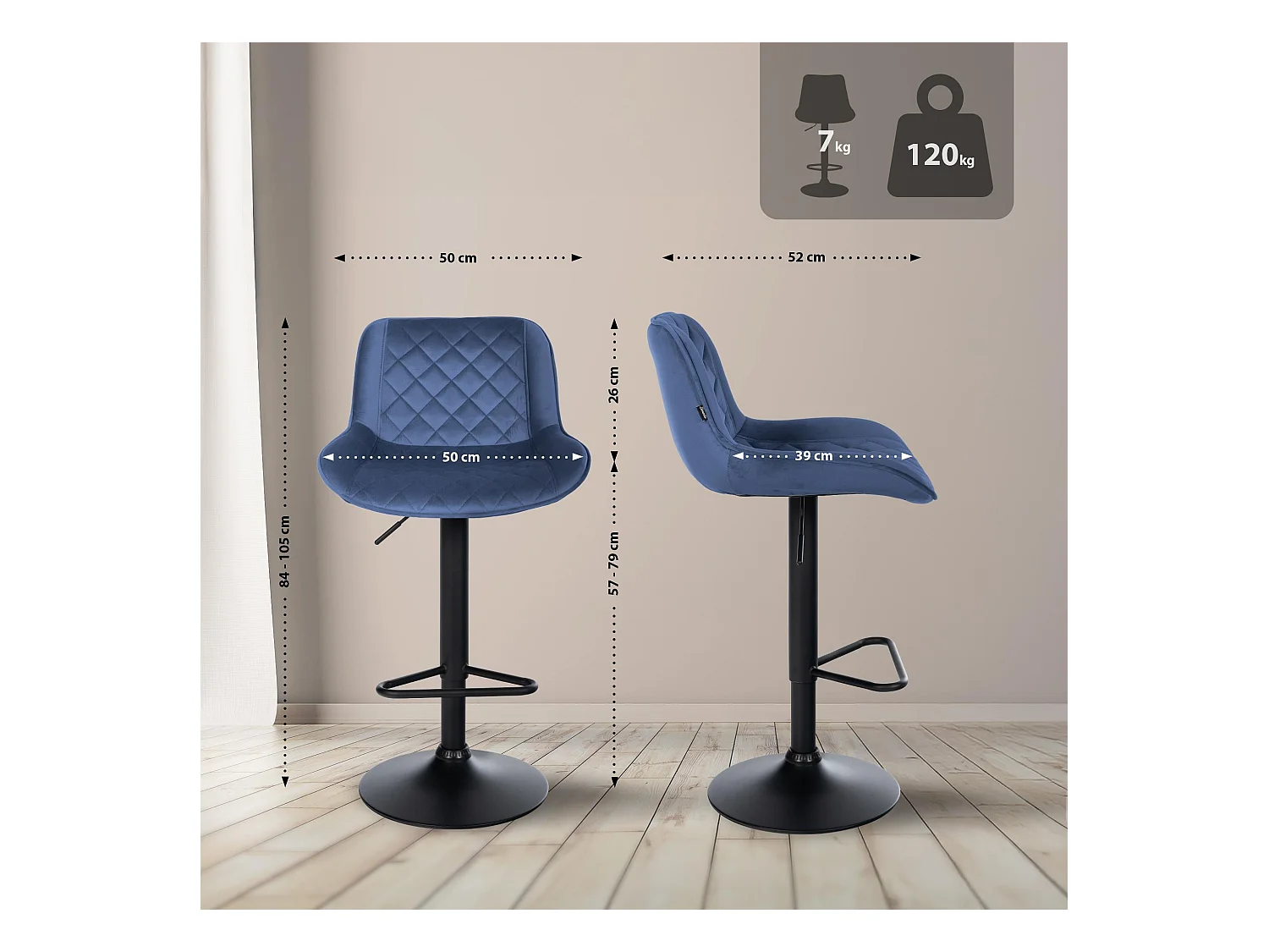 Tabouret de bar - Velours - Bleu - Kasson