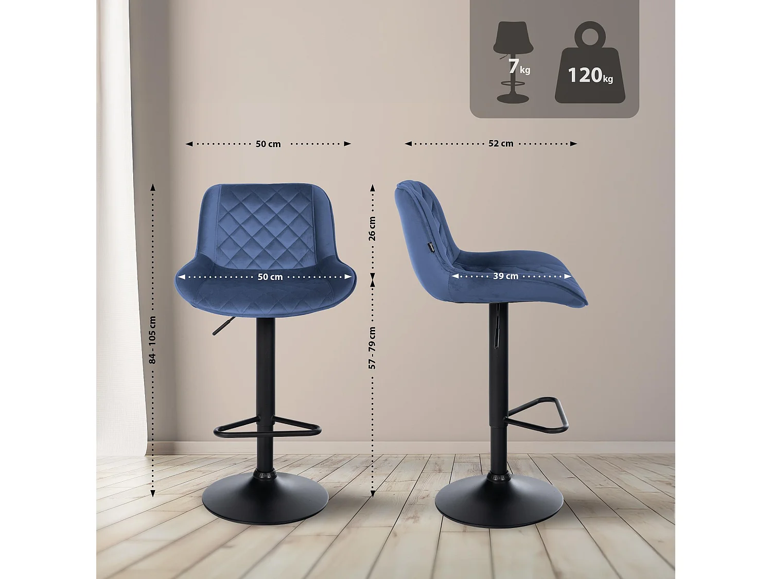 Tabouret de bar - Velours - Bleu - Kasson