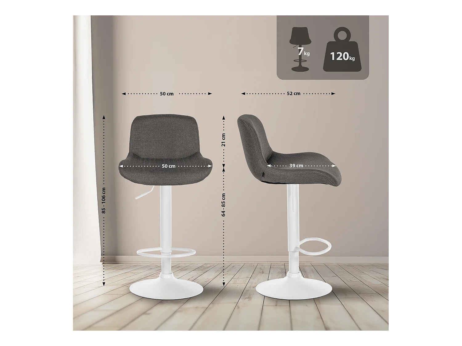 Lot de 2  Tabouret de bar - Tissu - Gris foncé - Solon