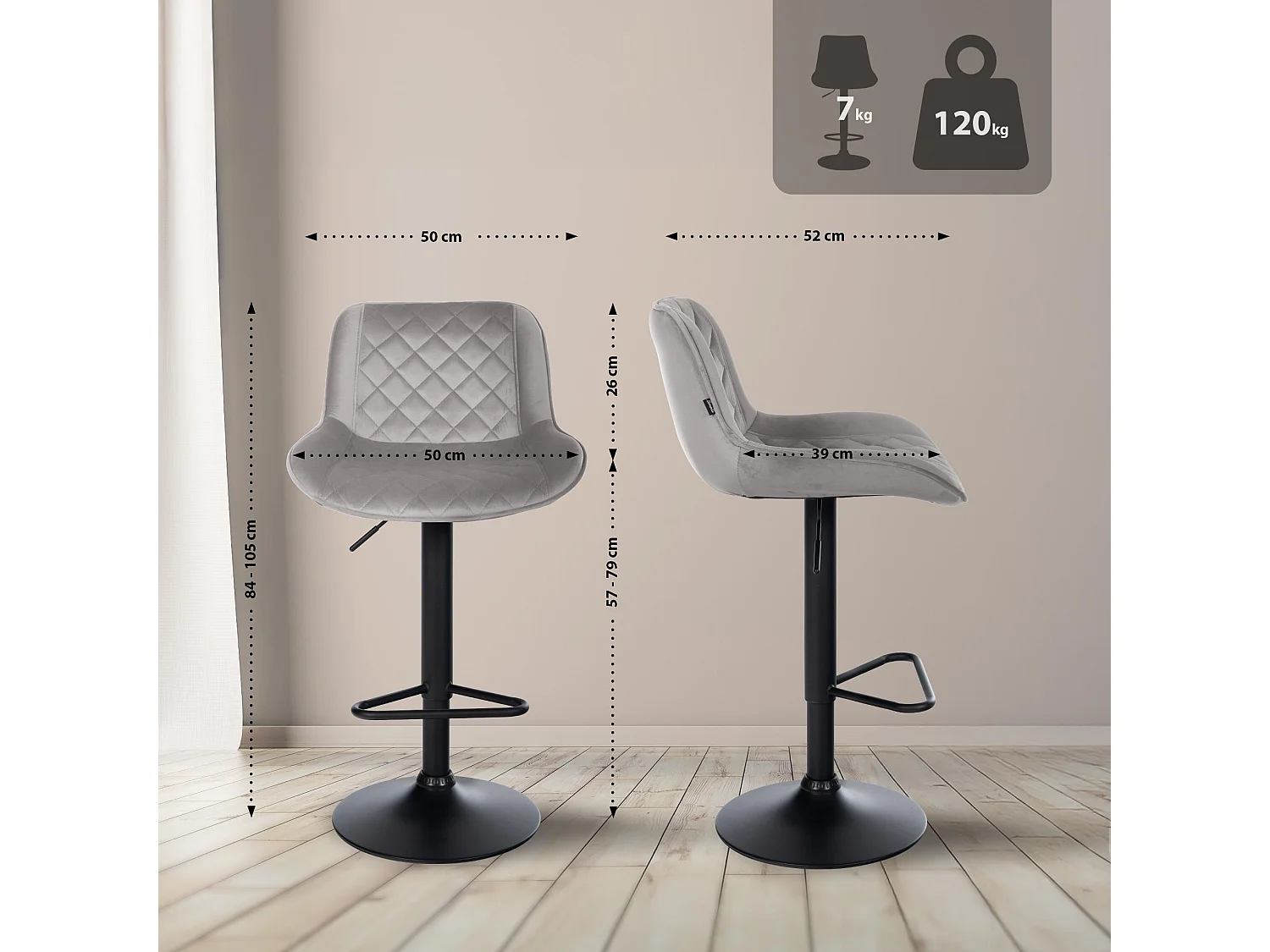 Tabouret de bar - Velours - Gris - Kasson