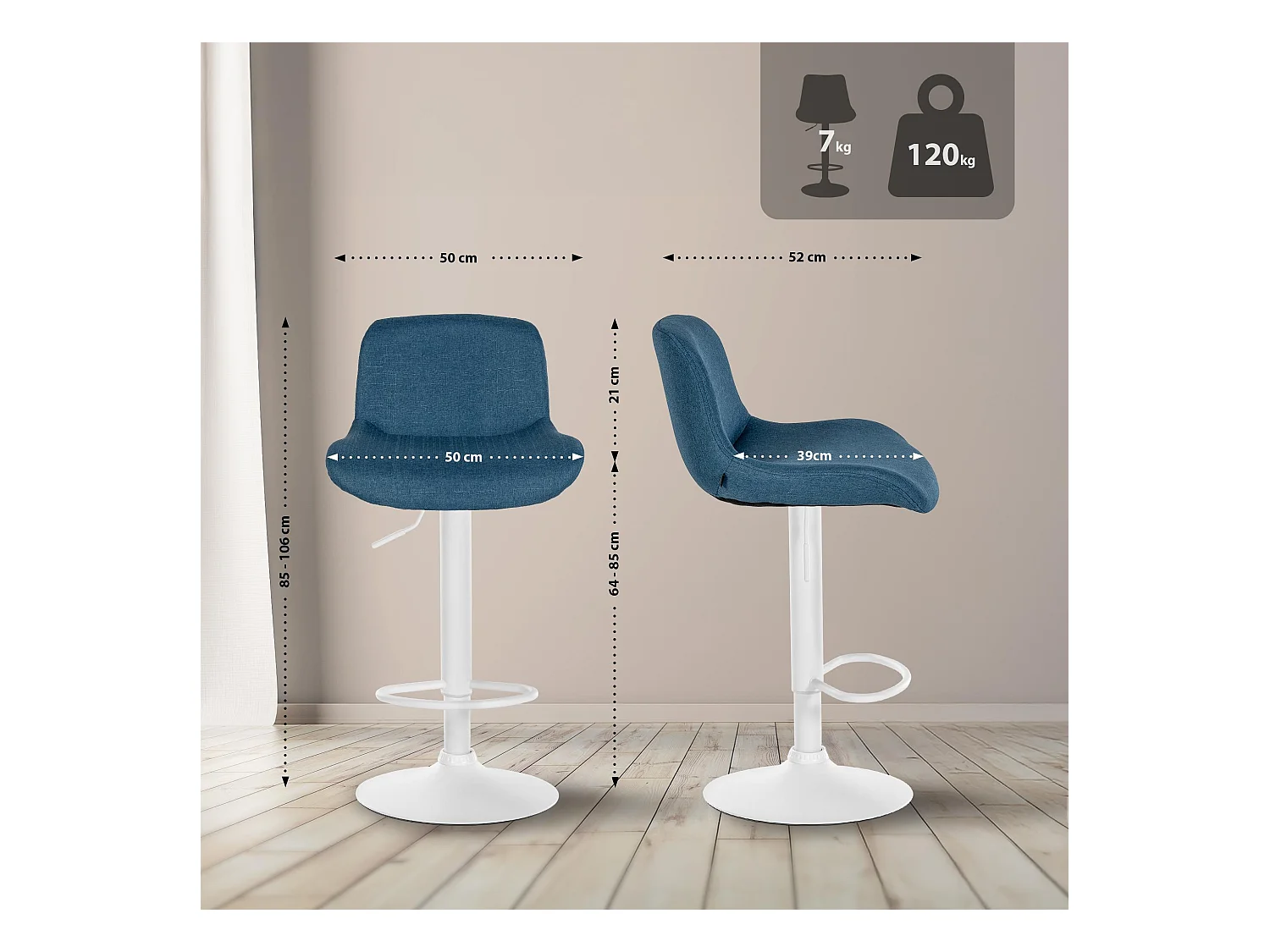 Lot de 2  Tabouret de bar - Tissu - Bleu - Solon
