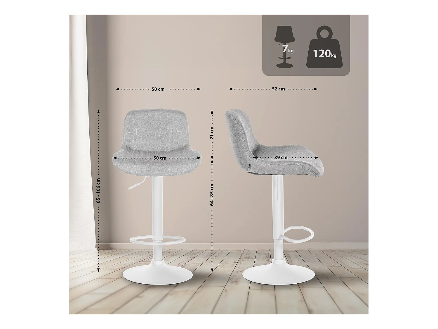 Lot de 2  Tabouret de bar - Tissu - Gris clair - Solon
