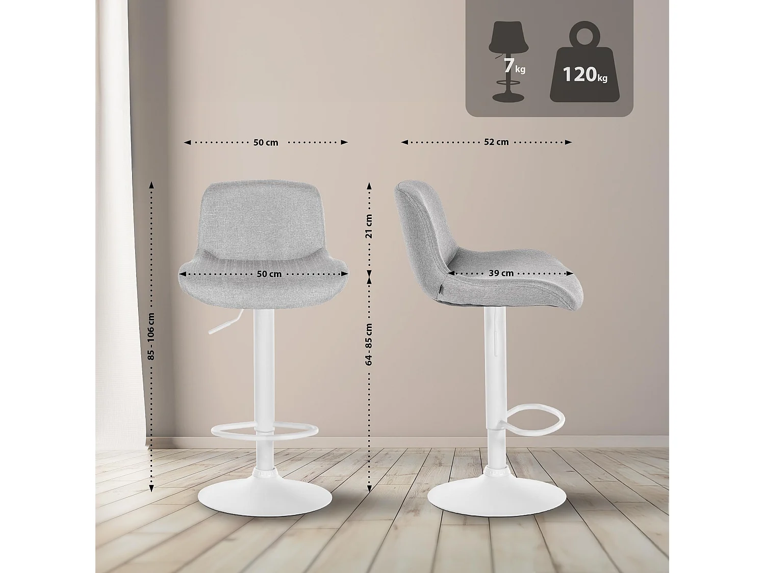 Lot de 2  Tabouret de bar - Tissu - Gris clair - Solon