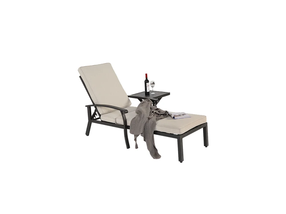Chaise longue de jardin 1 pièce avec coussin beige imperméable en coton inclinable et réglable structure aluminium antirouille transat piscine extérieur
