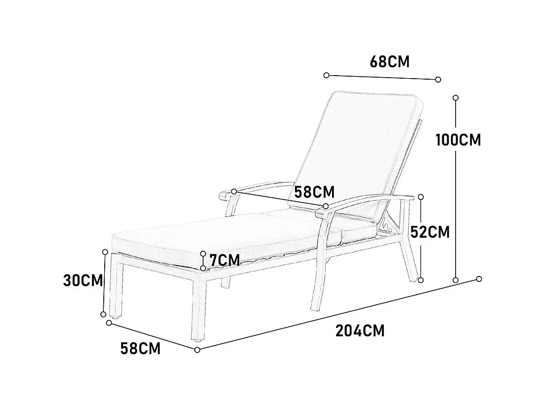 Chaise longue de jardin 1 pièce avec coussin beige imperméable en coton inclinable et réglable structure aluminium antirouille transat piscine extérieur