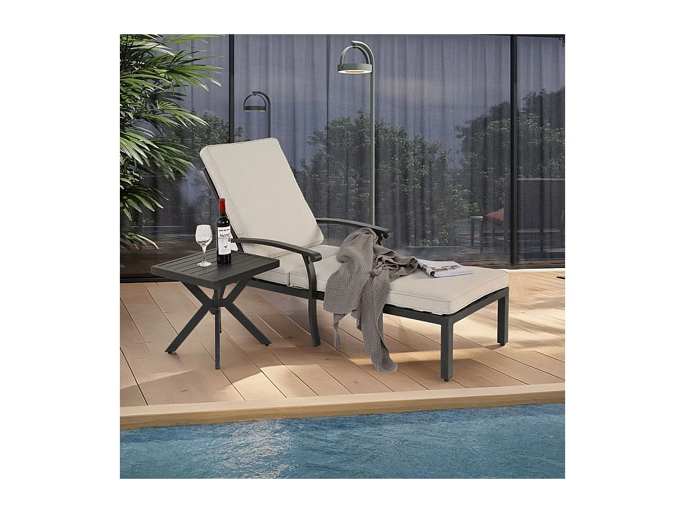 Chaise longue de jardin 1 pièce avec coussin beige imperméable en coton inclinable et réglable structure aluminium antirouille transat piscine extérieur
