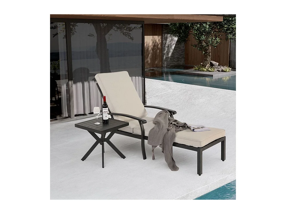 Chaise longue de jardin 1 pièce avec coussin beige imperméable en coton inclinable et réglable structure aluminium antirouille transat piscine extérieur