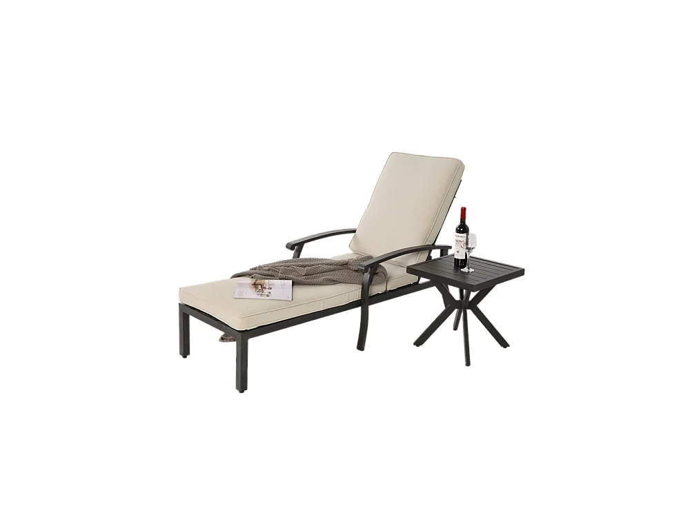 Chaise longue de jardin 1 pièce avec coussin beige imperméable en coton inclinable et réglable structure aluminium antirouille transat piscine extérieur