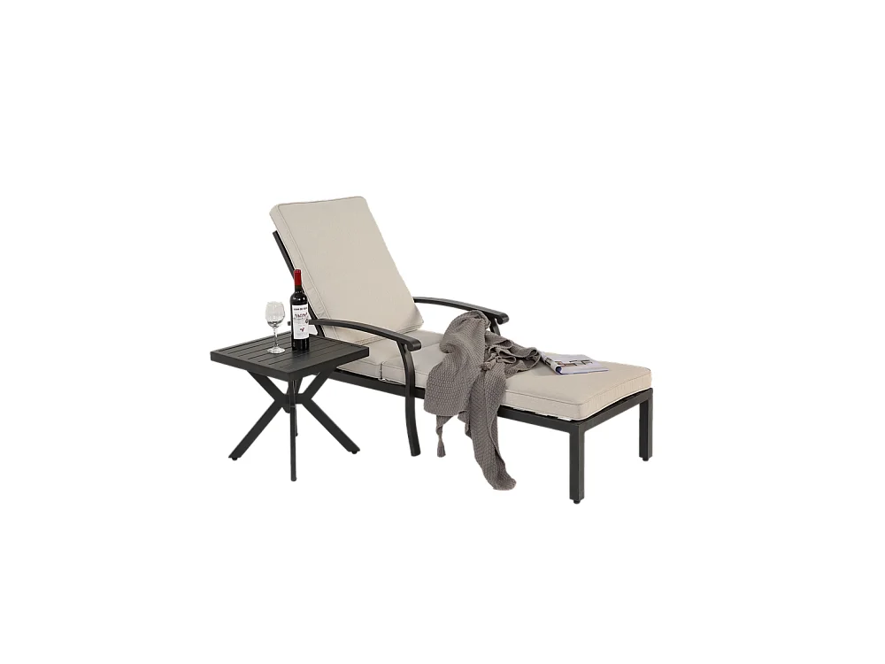 Chaise longue de jardin 1 pièce avec coussin beige imperméable en coton inclinable et réglable structure aluminium antirouille transat piscine extérieur