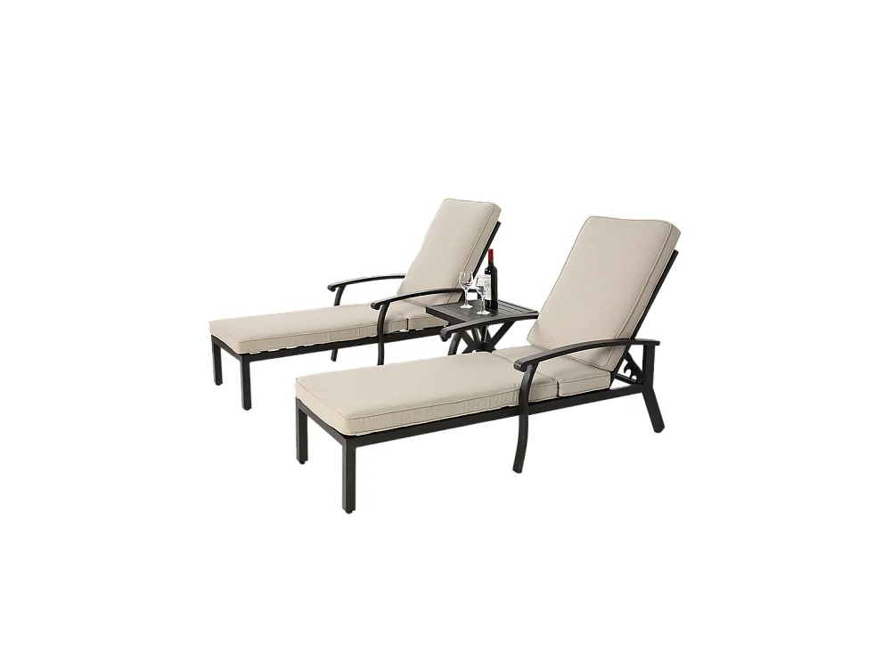 Chaise longue de jardin 1 pièce avec coussin beige imperméable en coton inclinable et réglable structure aluminium antirouille transat piscine extérieur
