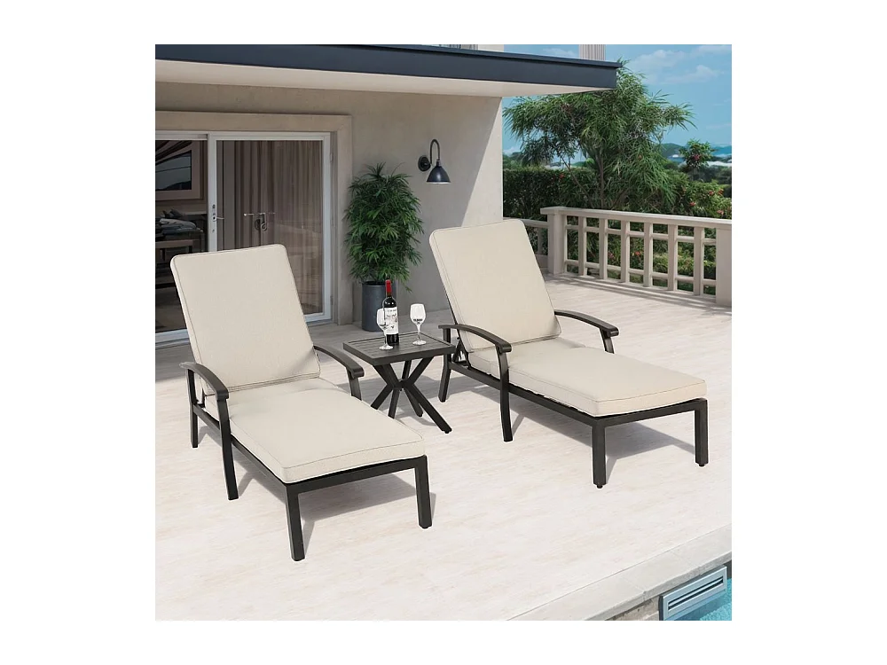 Chaise longue de jardin 1 pièce avec coussin beige imperméable en coton inclinable et réglable structure aluminium antirouille transat piscine extérieur