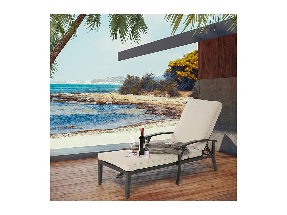 Chaise longue de jardin 1 pièce avec coussin beige imperméable en coton inclinable et réglable structure aluminium antirouille transat piscine extérieur