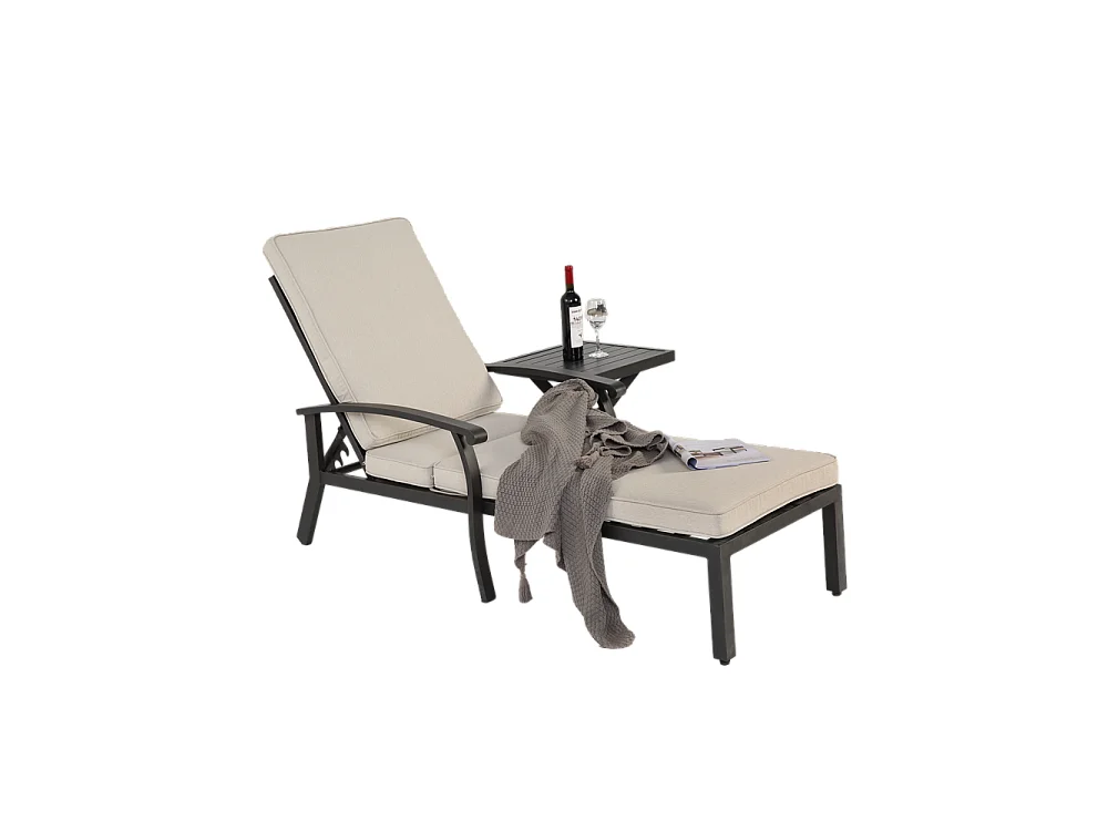 Chaise longue de jardin 1 pièce avec coussin beige imperméable en coton inclinable et réglable structure aluminium antirouille transat piscine extérieur