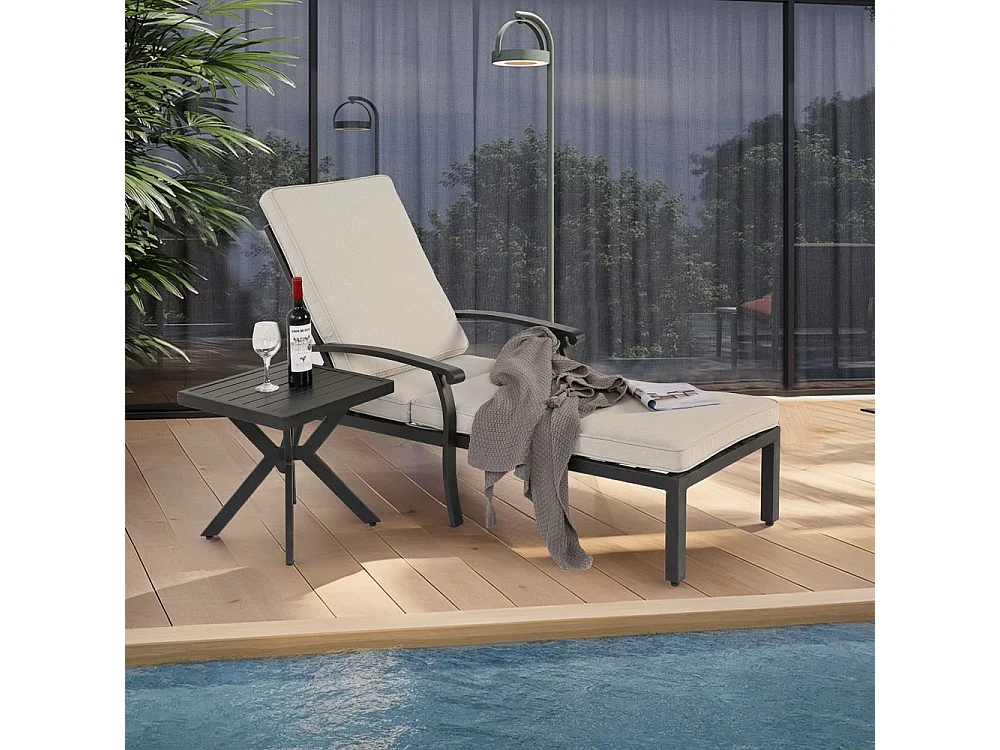Chaise longue de jardin 1 pièce avec coussin beige imperméable en coton inclinable et réglable structure aluminium antirouille transat piscine extérieur