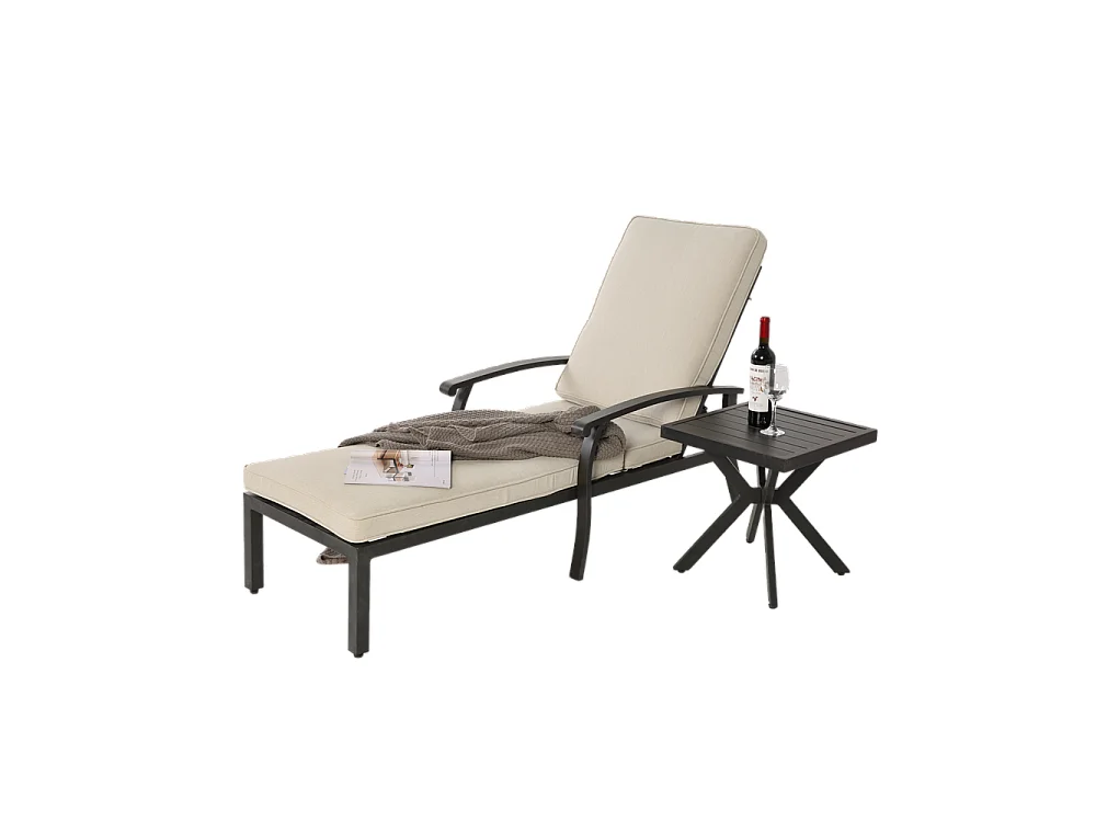 Chaise longue de jardin 1 pièce avec coussin beige imperméable en coton inclinable et réglable structure aluminium antirouille transat piscine extérieur